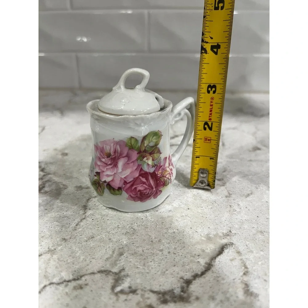 Vintage German Porcelain Hand Painted Sugar Bowl With‎ Lid -Pink Roses Design